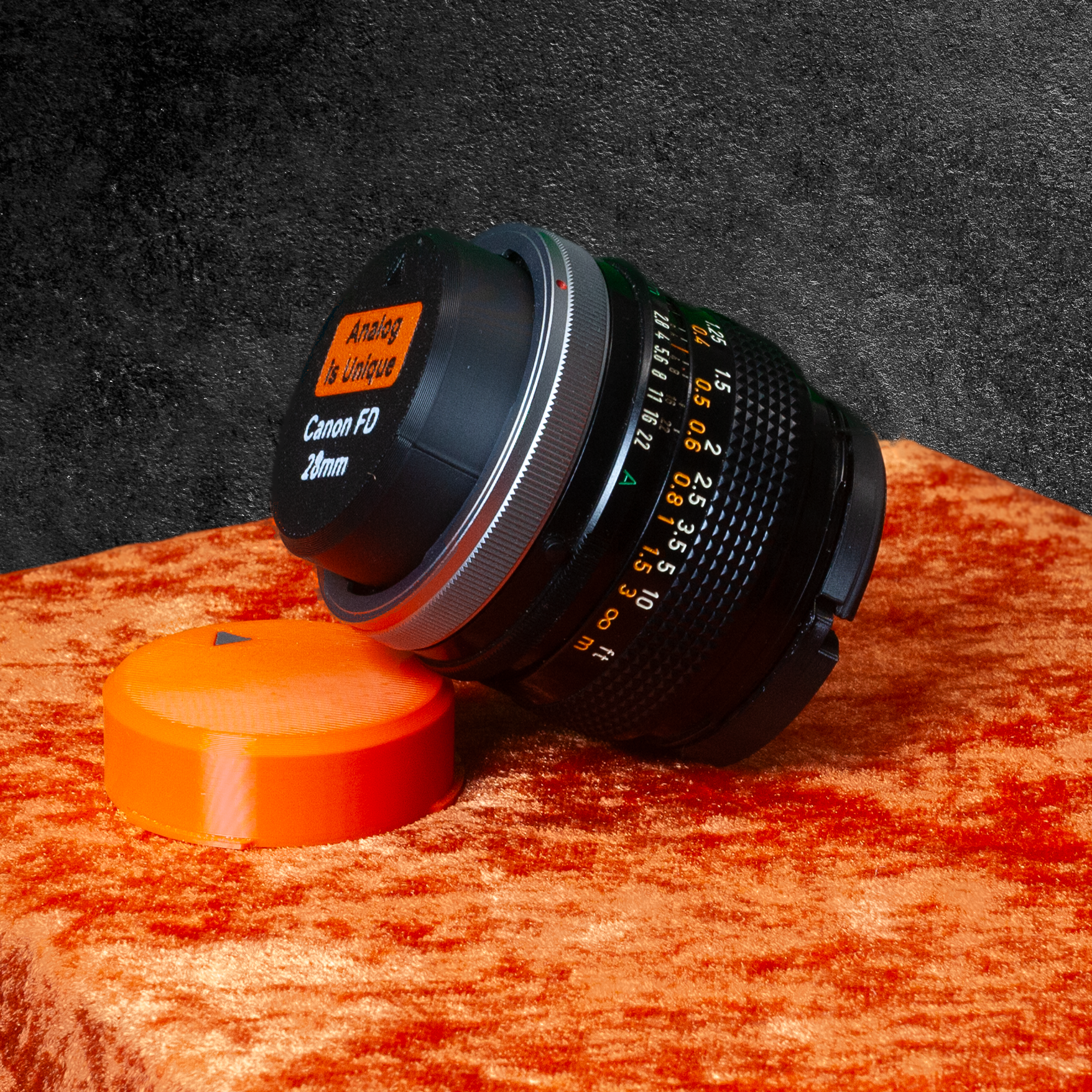 Objektiv Schutzkappe Canon FD Mount mit Logo und Infotext